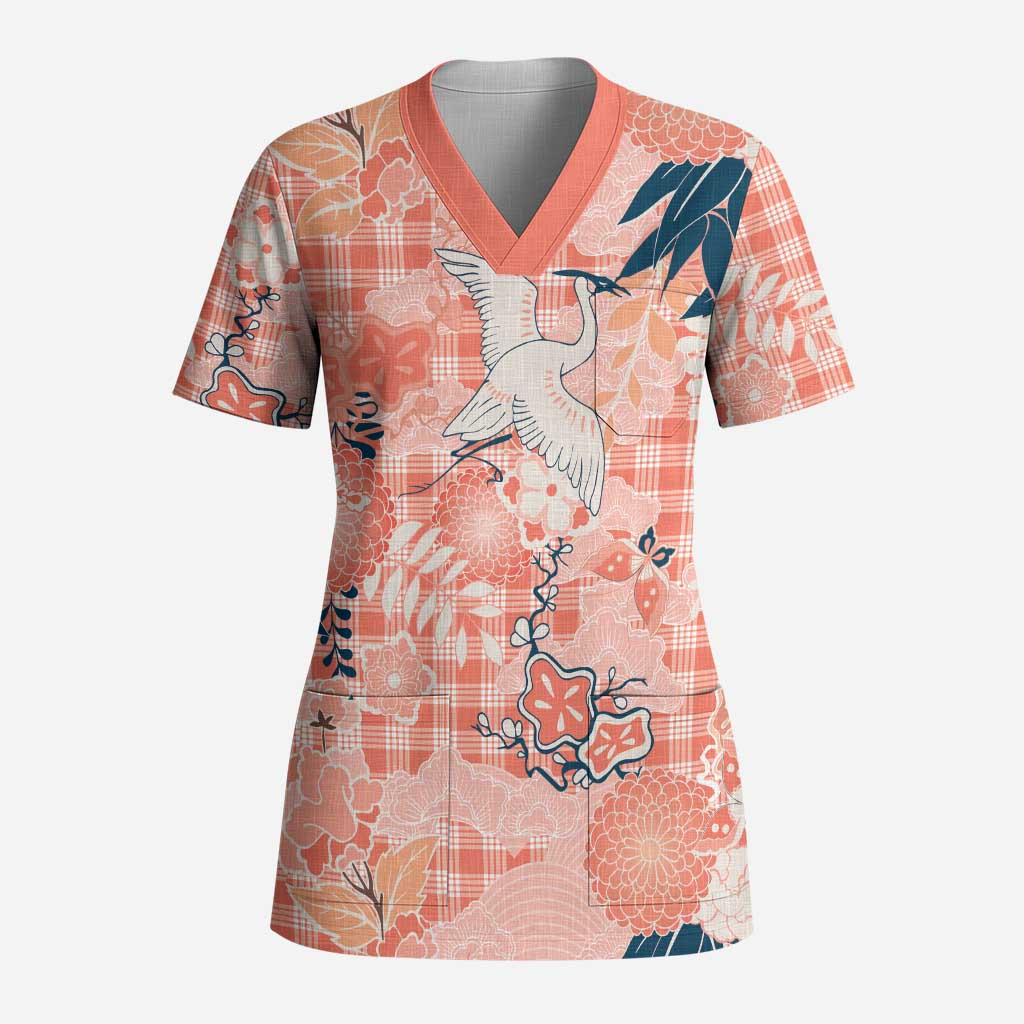 Red Palaka Crane and Flowers Scrub Top Japan Heritage Spirit - Polynesian Pride