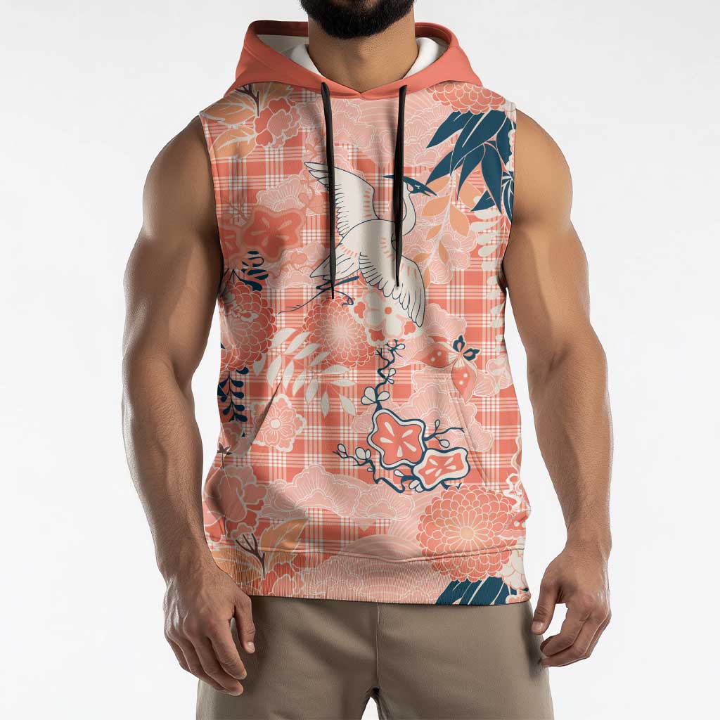 Red Palaka Crane and Flowers Sleeveless Hoodie Japan Heritage Spirit - Polynesian Pride
