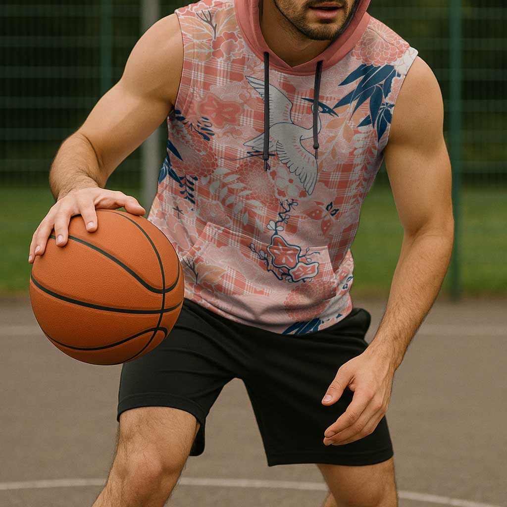 Red Palaka Crane and Flowers Sleeveless Hoodie Japan Heritage Spirit - Polynesian Pride