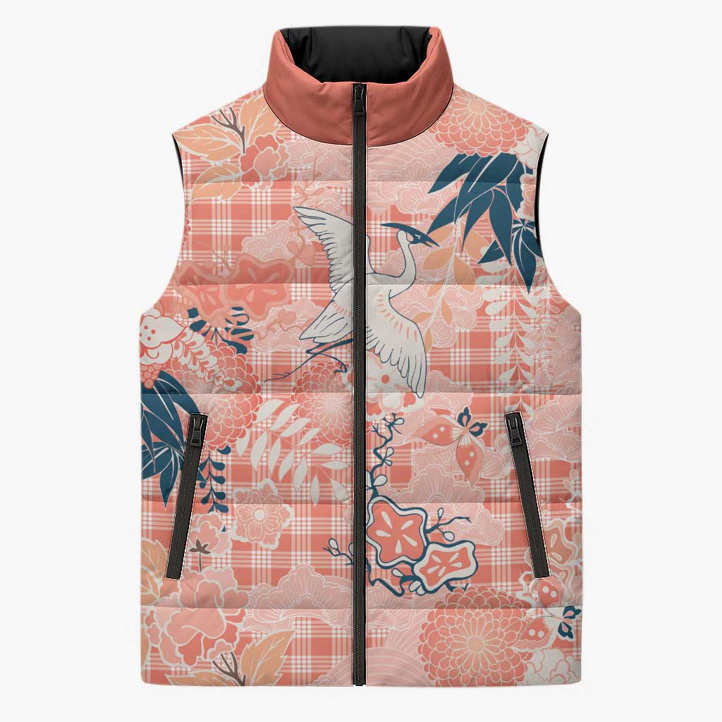 Red Palaka Crane and Flowers Sleeveless Puffer Jacket Japan Heritage Spirit - Polynesian Pride