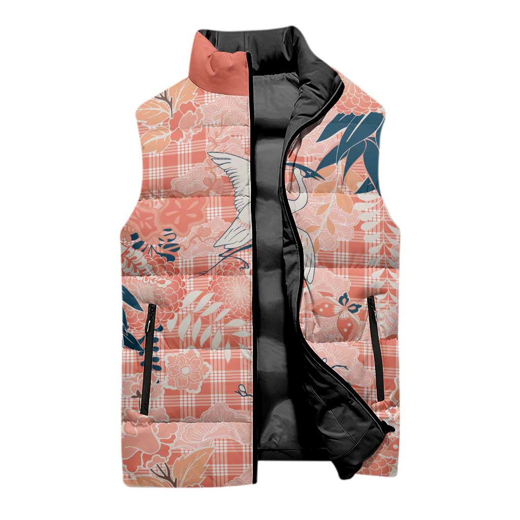 Red Palaka Crane and Flowers Sleeveless Puffer Jacket Japan Heritage Spirit - Polynesian Pride