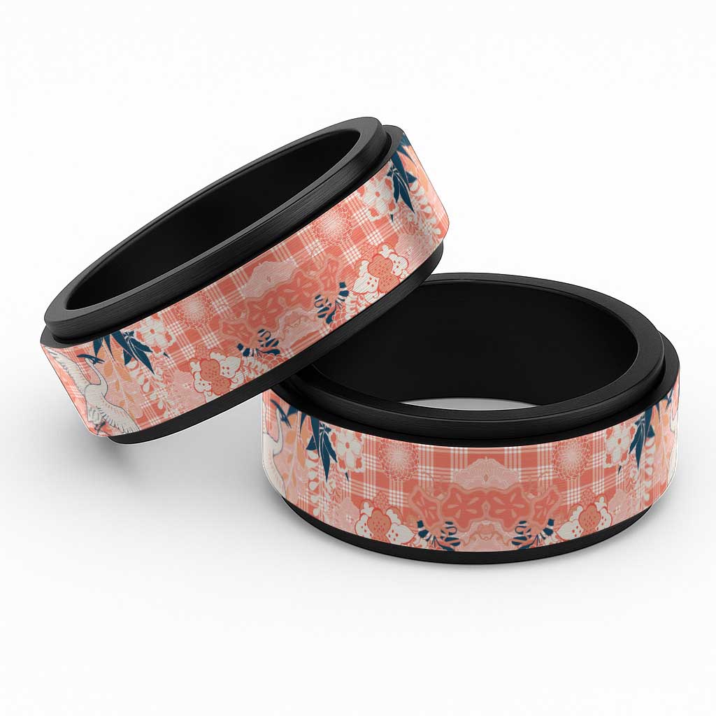 Red Palaka Crane and Flowers Spinner Ring Japan Heritage Spirit - Polynesian Pride