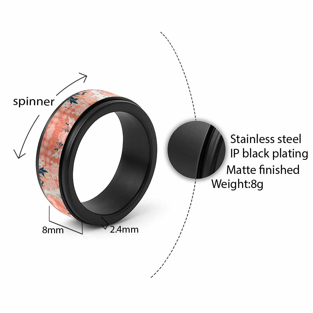 Red Palaka Crane and Flowers Spinner Ring Japan Heritage Spirit - Polynesian Pride