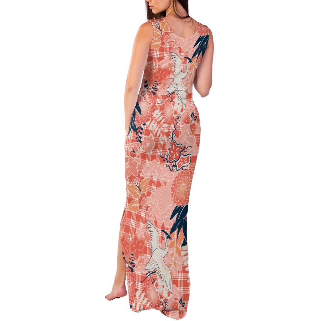 Red Palaka Crane and Flowers Tank Maxi Dress Japan Heritage Spirit - Polynesian Pride