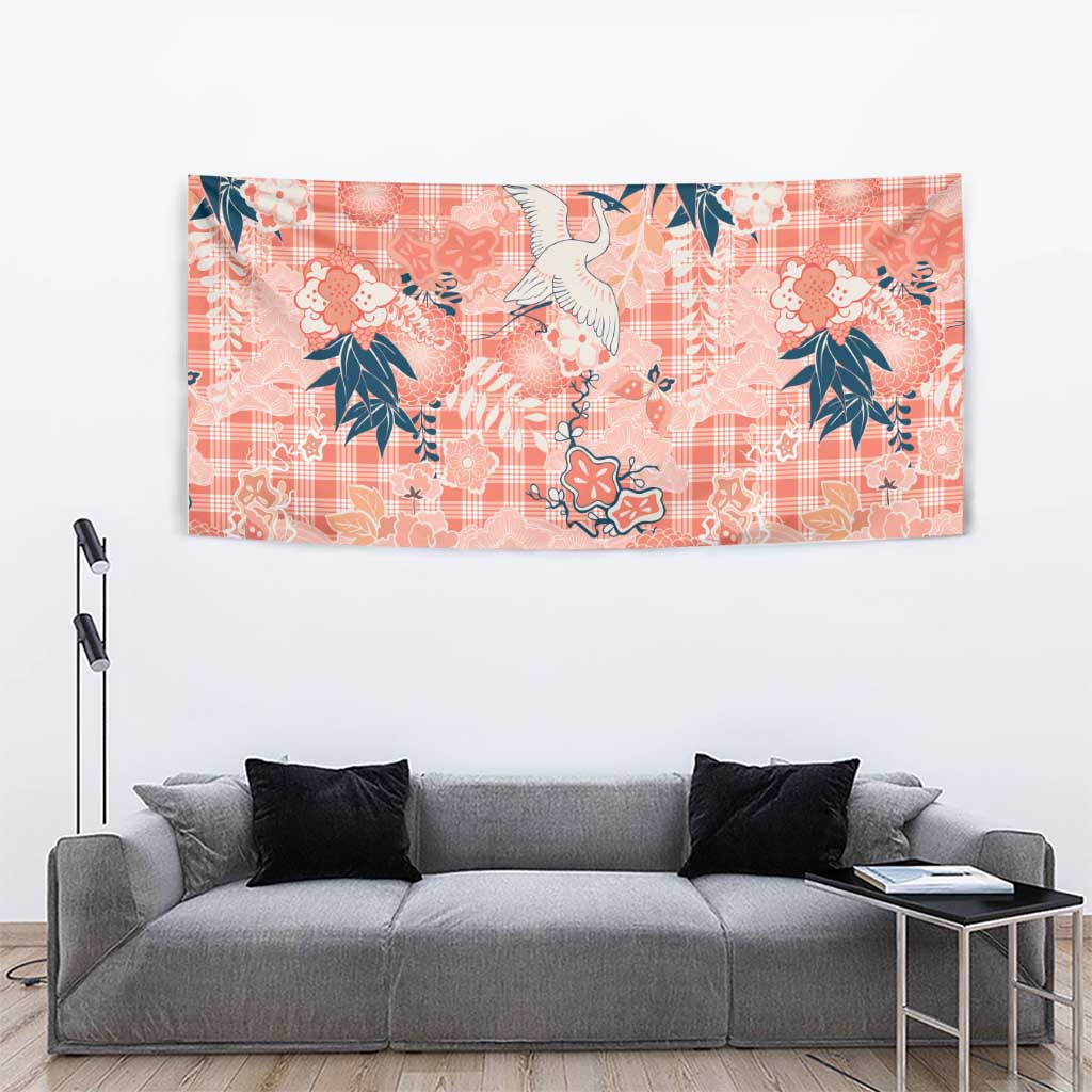 Red Palaka Crane and Flowers Tapestry Japan Heritage Spirit - Polynesian Pride