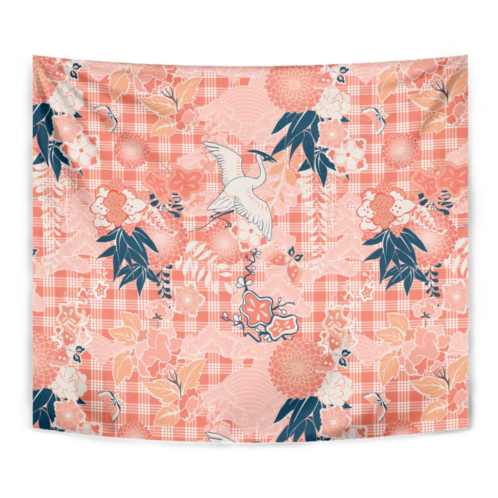 Red Palaka Crane and Flowers Tapestry Japan Heritage Spirit - Polynesian Pride