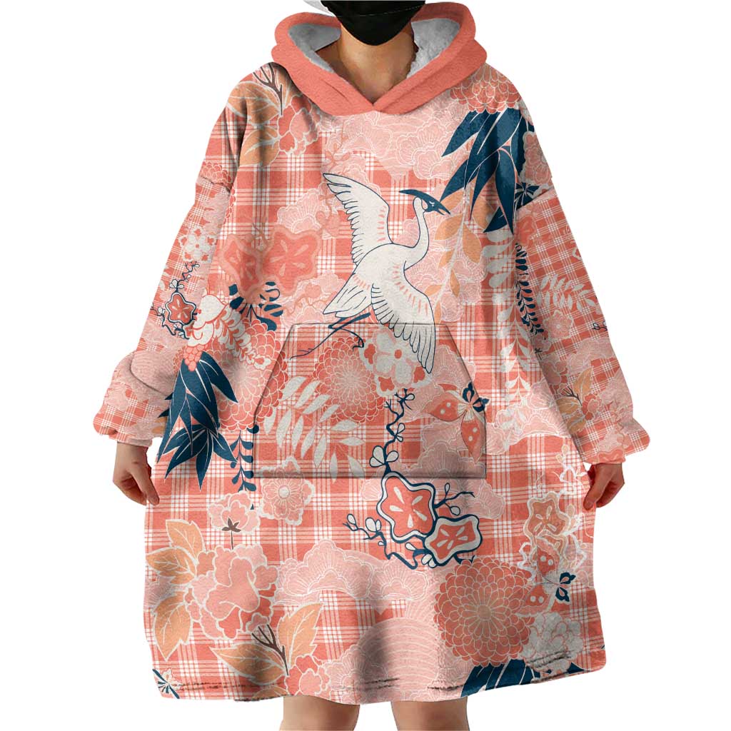 Red Palaka Crane and Flowers Wearable Blanket Hoodie Japan Heritage Spirit - Polynesian Pride