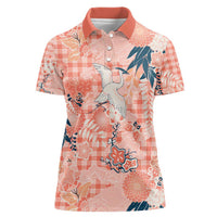 Red Palaka Crane and Flowers Women Polo Shirt Japan Heritage Spirit - Polynesian Pride