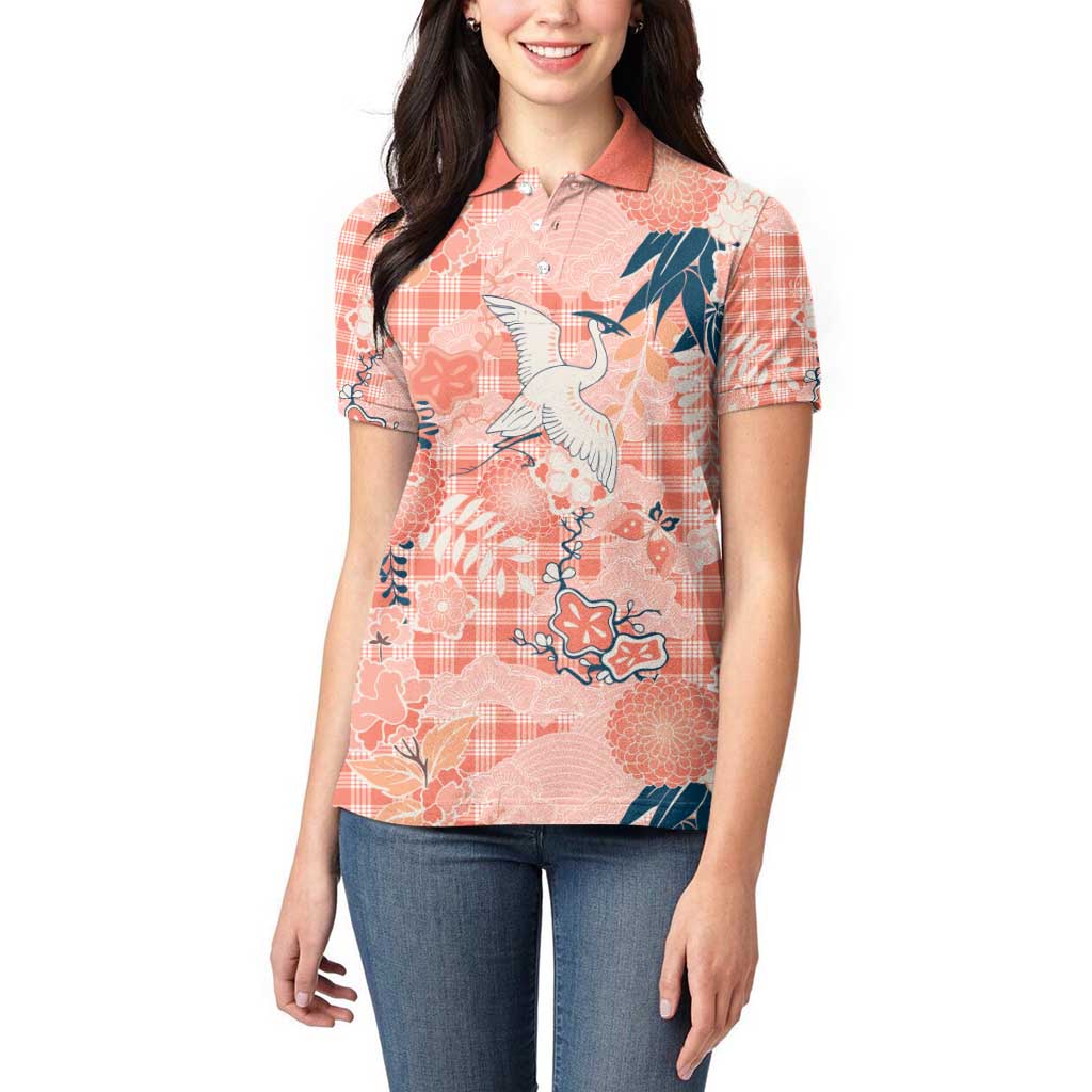 Red Palaka Crane and Flowers Women Polo Shirt Japan Heritage Spirit - Polynesian Pride