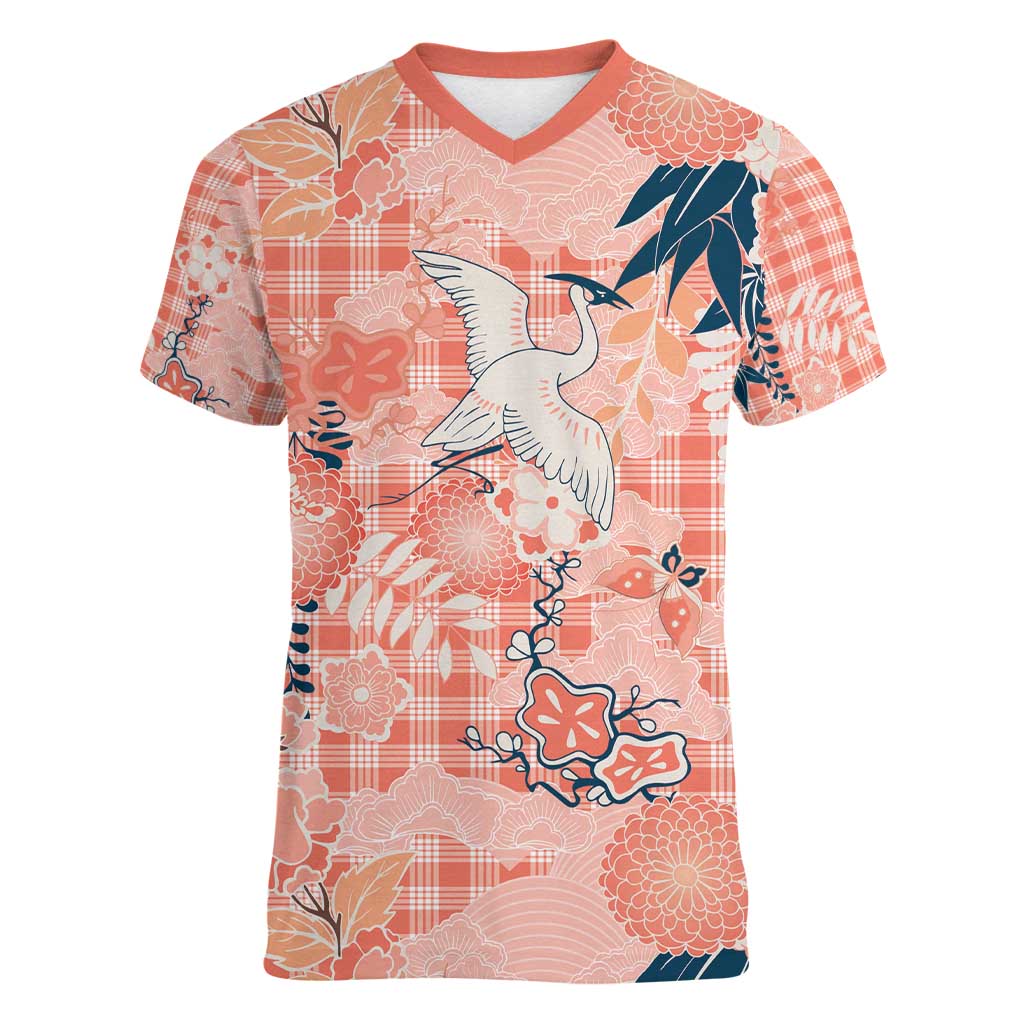 Red Palaka Crane and Flowers Women V-Neck T-Shirt Japan Heritage Spirit - Polynesian Pride