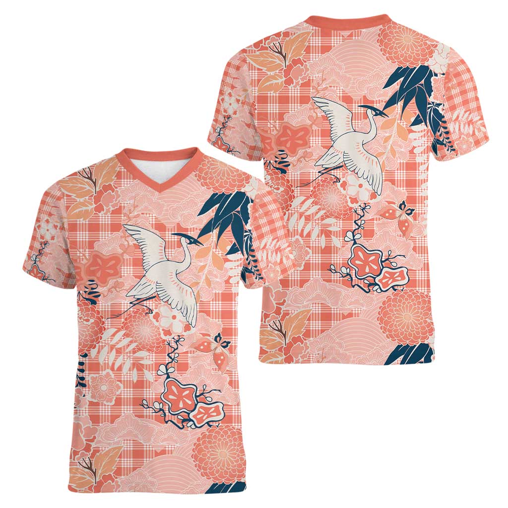 Red Palaka Crane and Flowers Women V-Neck T-Shirt Japan Heritage Spirit - Polynesian Pride
