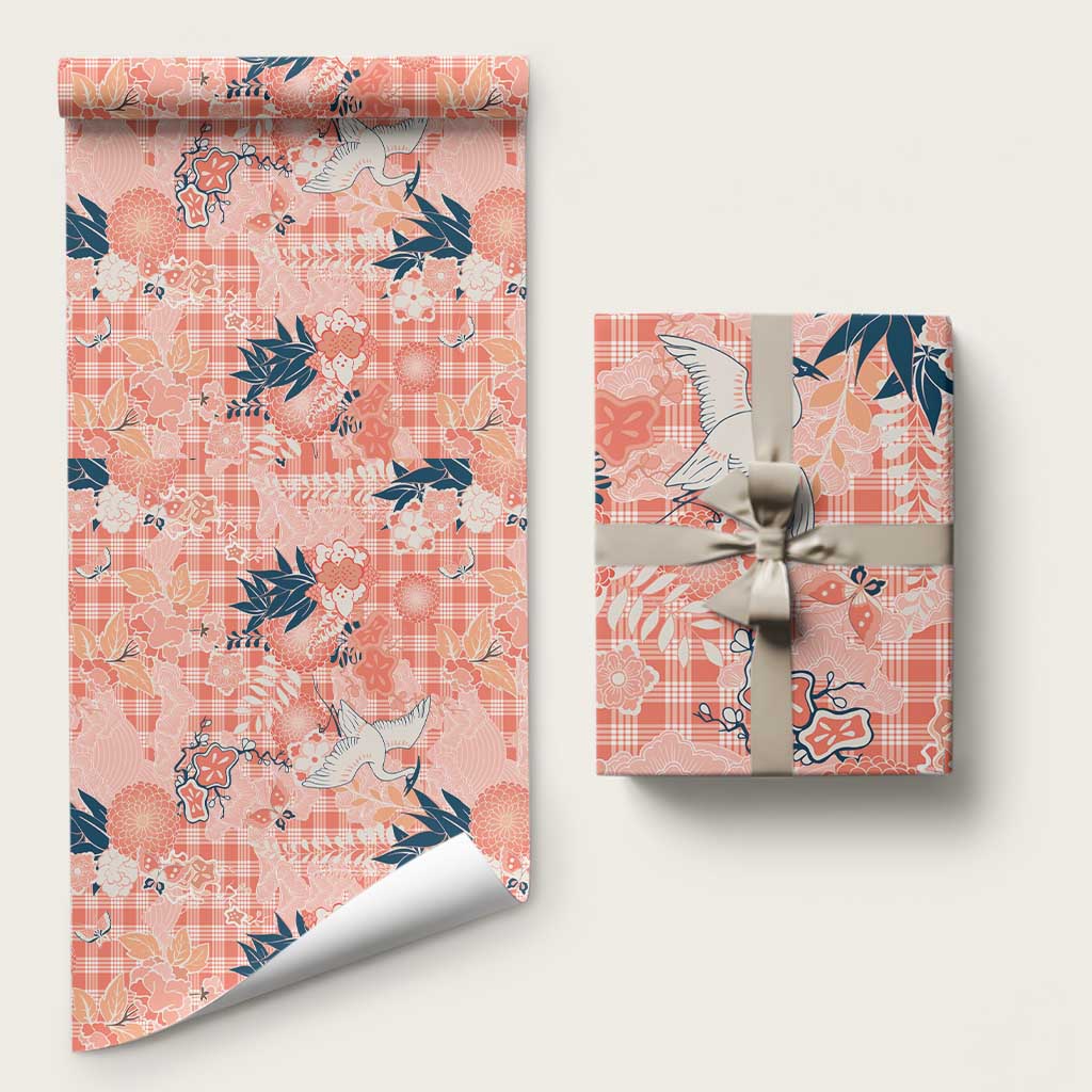 Red Palaka Crane and Flowers Wrapping Paper Japan Heritage Spirit - Polynesian Pride