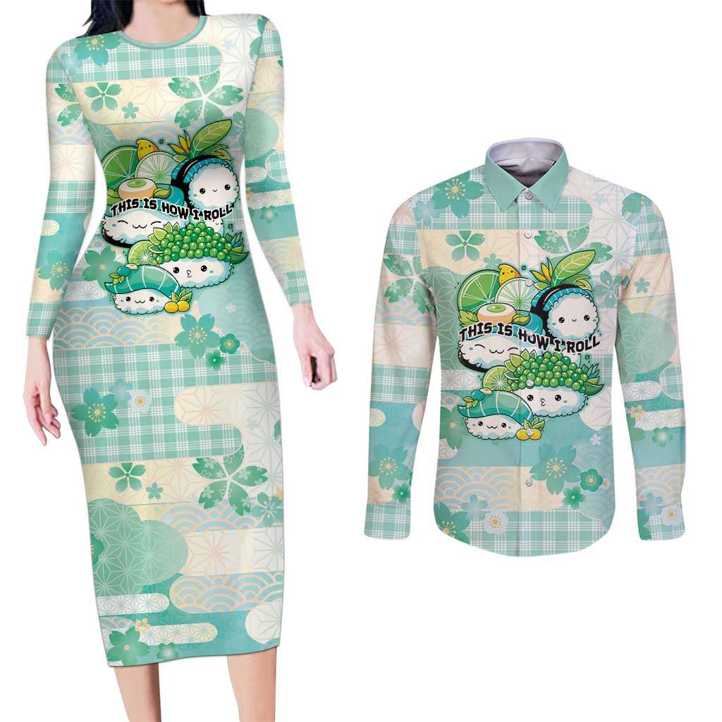 Personalized Japanese Kawaii Sushi Couples Matching Long Sleeve Bodycon Dress and Long Sleeve Button Shirt Green Wagara Palaka This Is How I Roll