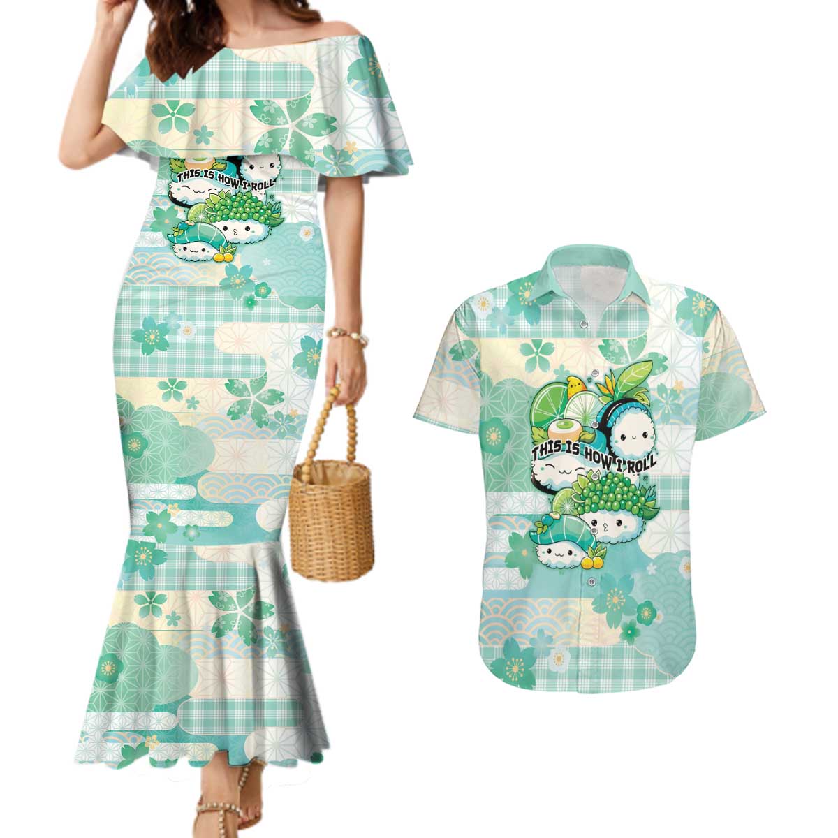 Personalized Japanese Kawaii Sushi Couples Matching Mermaid Dress and Hawaiian Shirt Green Wagara Palaka This Is How I Roll LT9 Green - Polynesian Pride