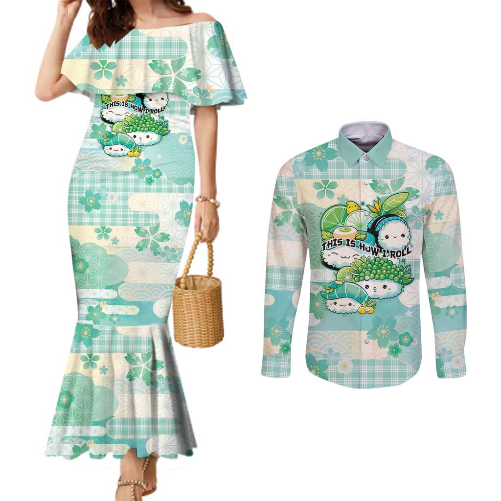 Personalized Japanese Kawaii Sushi Couples Matching Mermaid Dress and Long Sleeve Button Shirt Green Wagara Palaka This Is How I Roll LT9 Green - Polynesian Pride