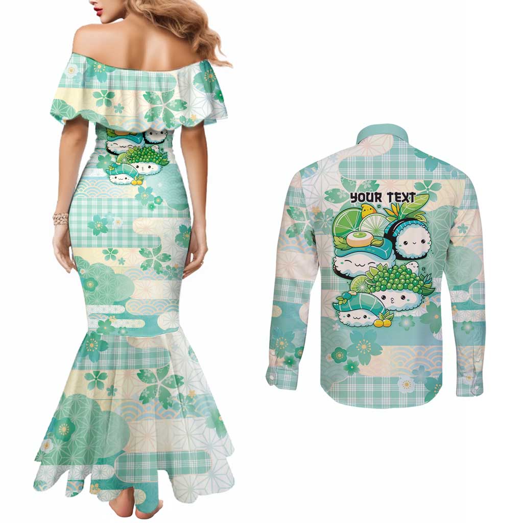 Personalized Japanese Kawaii Sushi Couples Matching Mermaid Dress and Long Sleeve Button Shirt Green Wagara Palaka This Is How I Roll LT9 - Polynesian Pride