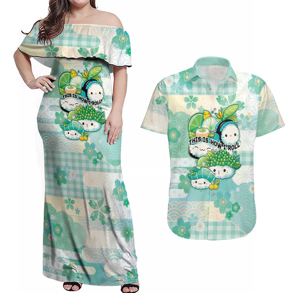 Personalized Japanese Kawaii Sushi Couples Matching Off Shoulder Maxi Dress and Hawaiian Shirt Green Wagara Palaka This Is How I Roll