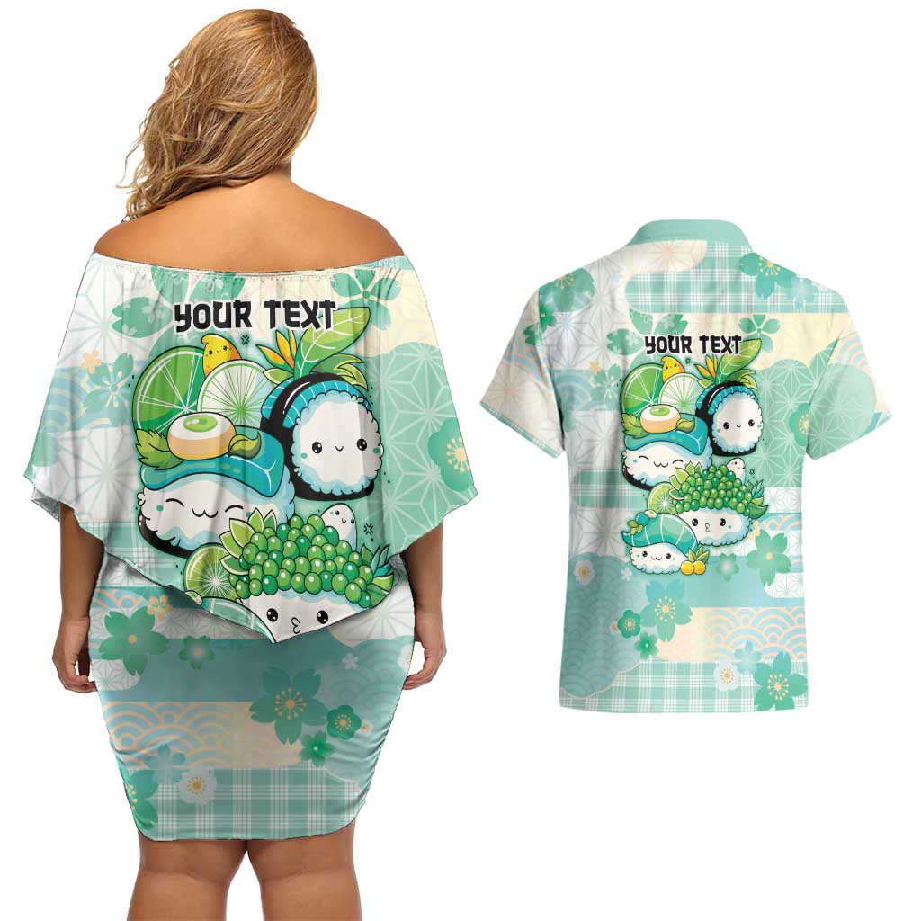 Personalized Japanese Kawaii Sushi Couples Matching Off Shoulder Short Dress and Hawaiian Shirt Green Wagara Palaka This Is How I Roll