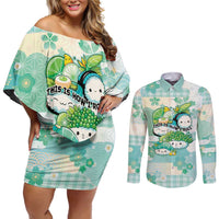 Personalized Japanese Kawaii Sushi Couples Matching Off Shoulder Short Dress and Long Sleeve Button Shirt Green Wagara Palaka This Is How I Roll LT9 Green - Polynesian Pride