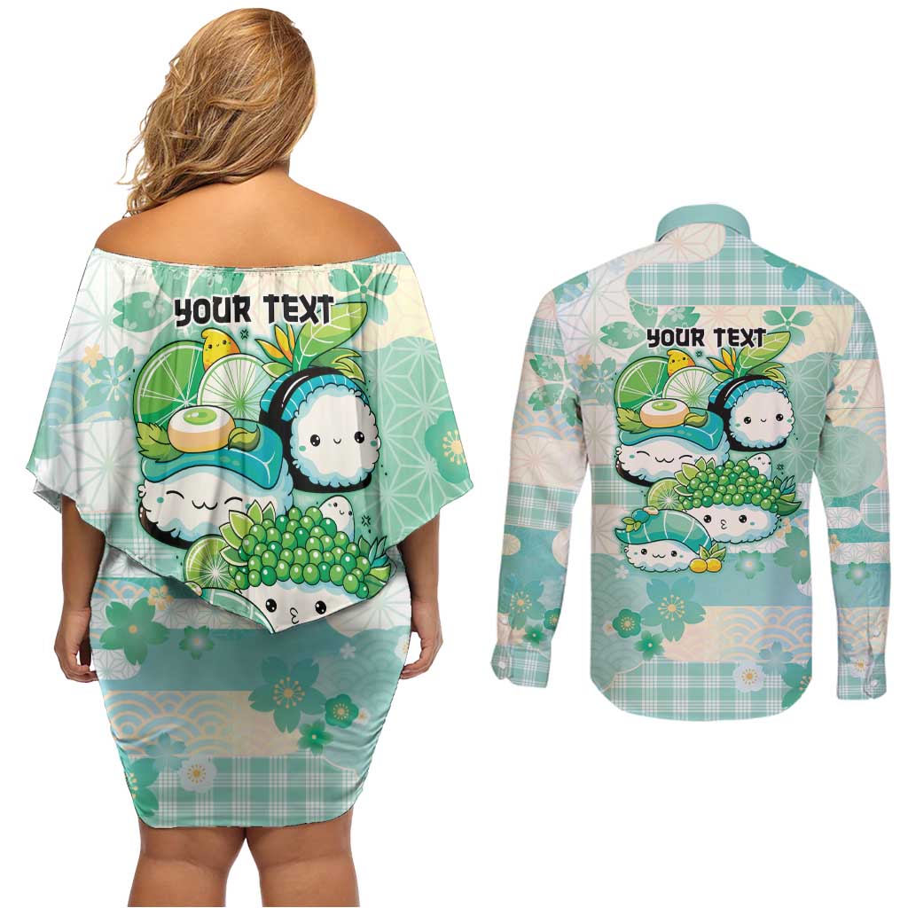 Personalized Japanese Kawaii Sushi Couples Matching Off Shoulder Short Dress and Long Sleeve Button Shirt Green Wagara Palaka This Is How I Roll LT9 - Polynesian Pride