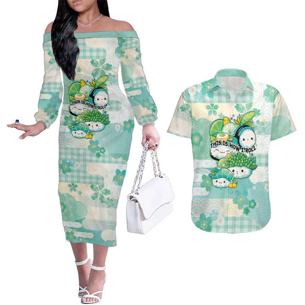 Personalized Japanese Kawaii Sushi Couples Matching Off The Shoulder Long Sleeve Dress and Hawaiian Shirt Green Wagara Palaka This Is How I Roll