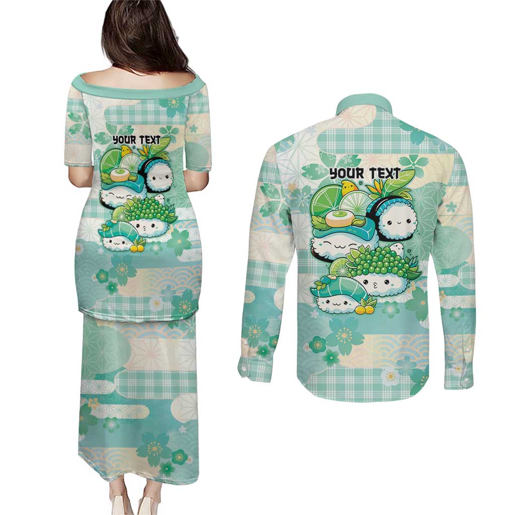 Personalized Japanese Kawaii Sushi Couples Matching Puletasi and Long Sleeve Button Shirt Green Wagara Palaka This Is How I Roll LT9 - Polynesian Pride