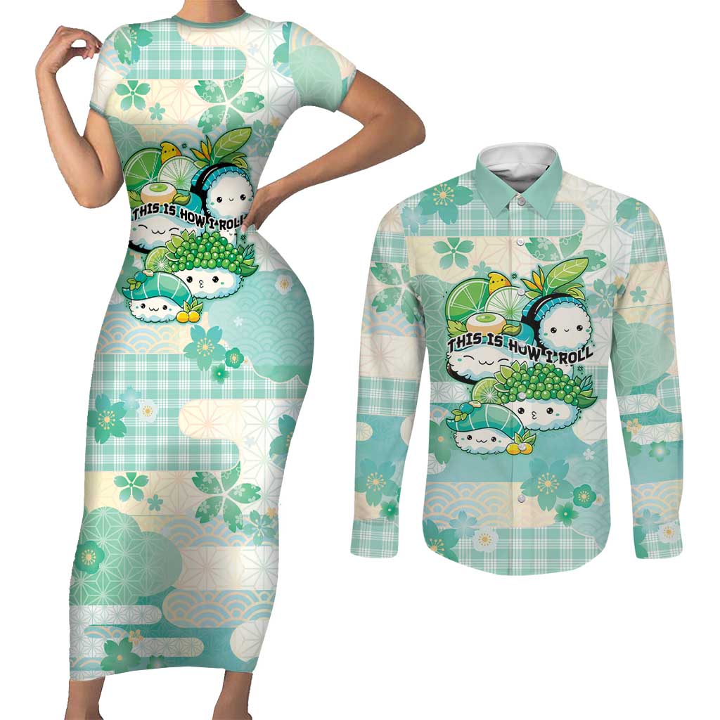 Personalized Japanese Kawaii Sushi Couples Matching Short Sleeve Bodycon Dress and Long Sleeve Button Shirt Green Wagara Palaka This Is How I Roll