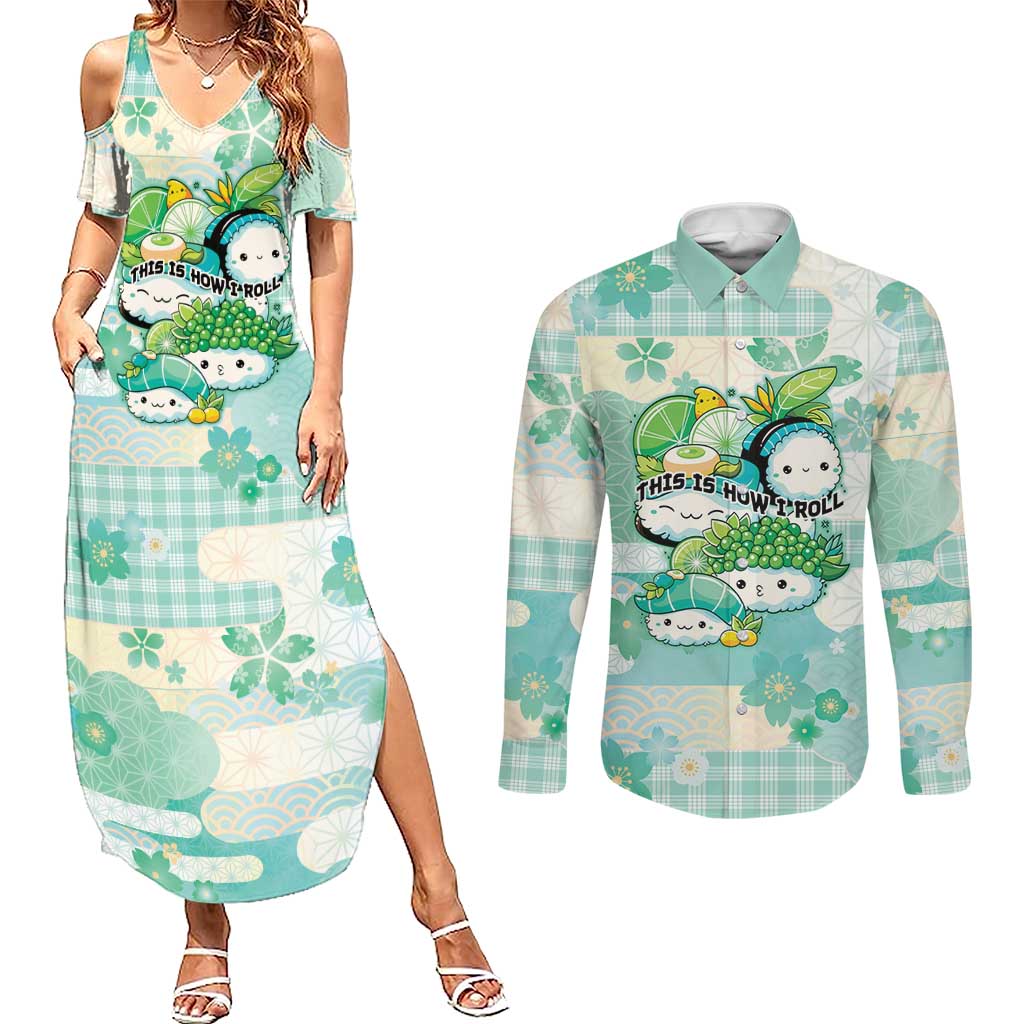 Personalized Japanese Kawaii Sushi Couples Matching Summer Maxi Dress and Long Sleeve Button Shirt Green Wagara Palaka This Is How I Roll LT9 Green - Polynesian Pride