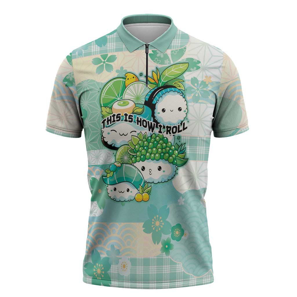 Personalized Japanese Kawaii Sushi Zipper Polo Shirt Green Wagara Palaka This Is How I Roll