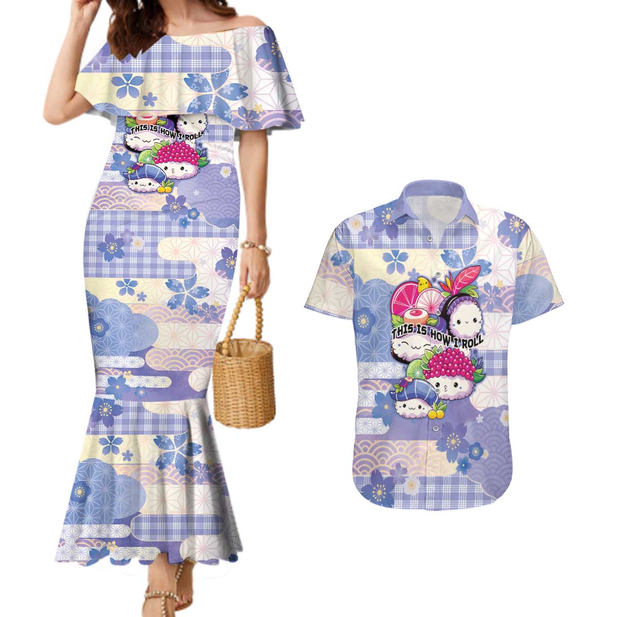 Personalized Japanese Kawaii Sushi Couples Matching Mermaid Dress and Hawaiian Shirt Blue Wagara Palaka This Is How I Roll