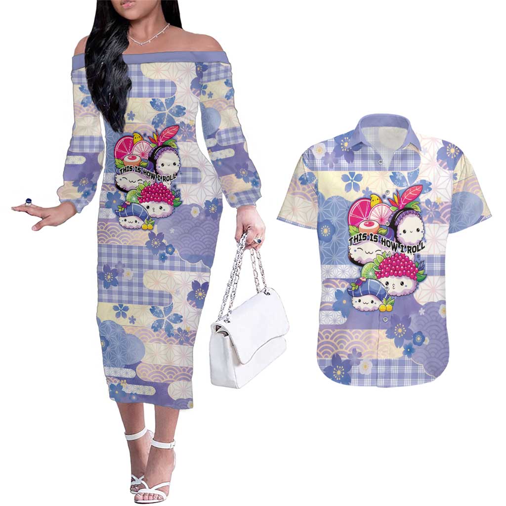 Personalized Japanese Kawaii Sushi Couples Matching Off The Shoulder Long Sleeve Dress and Hawaiian Shirt Blue Wagara Palaka This Is How I Roll