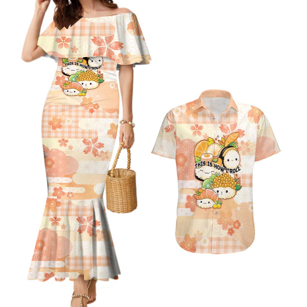 Personalized Japanese Kawaii Sushi Couples Matching Mermaid Dress and Hawaiian Shirt Peach Wagara Palaka This Is How I Roll LT9 Peach - Polynesian Pride