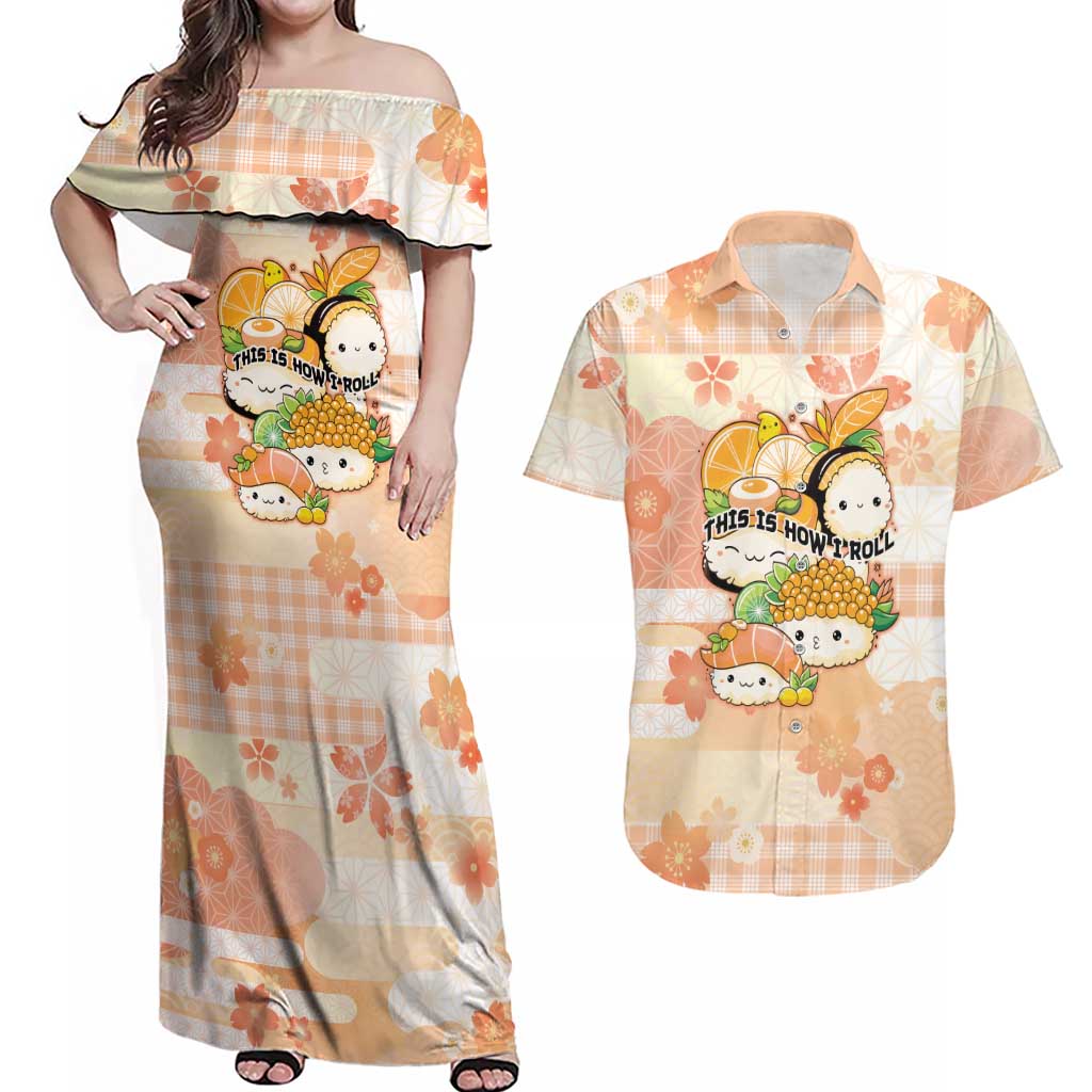 Personalized Japanese Kawaii Sushi Couples Matching Off Shoulder Maxi Dress and Hawaiian Shirt Peach Wagara Palaka This Is How I Roll LT9 Peach - Polynesian Pride