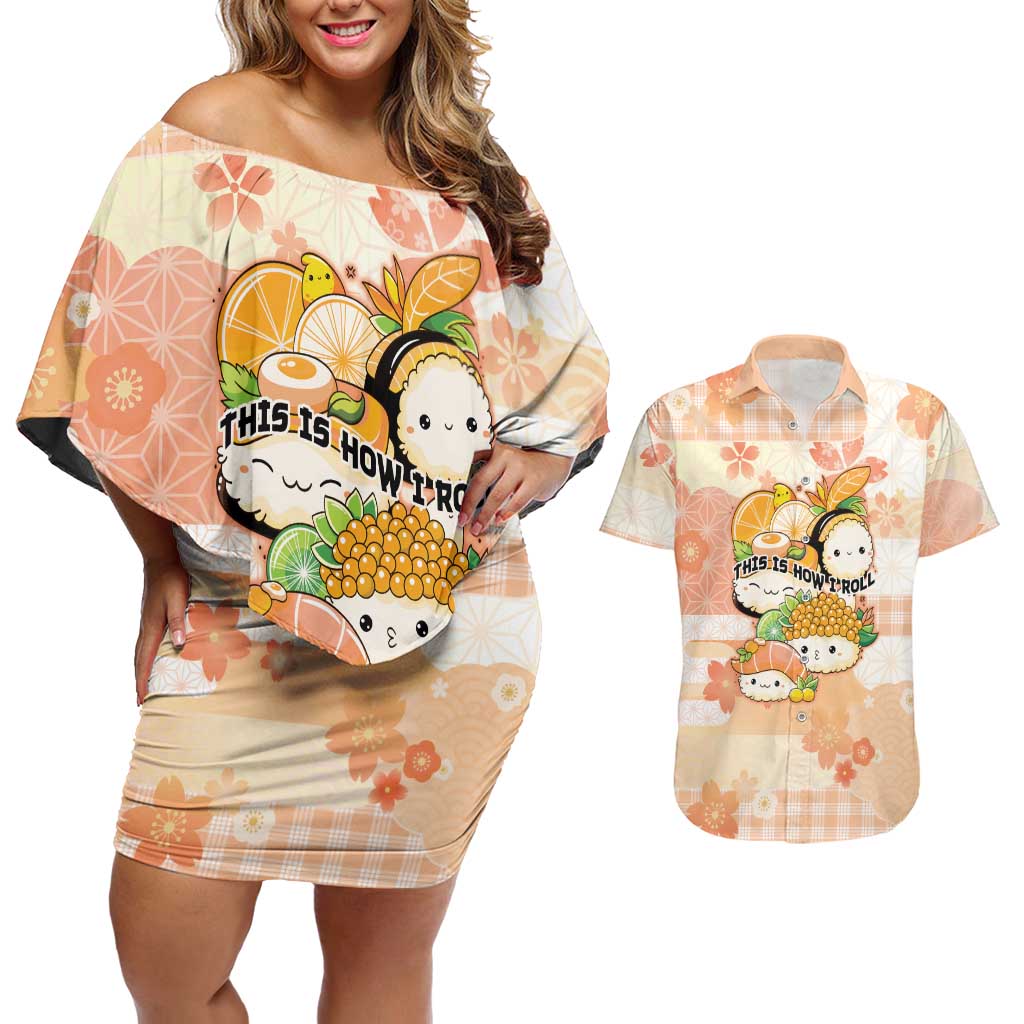 Personalized Japanese Kawaii Sushi Couples Matching Off Shoulder Short Dress and Hawaiian Shirt Peach Wagara Palaka This Is How I Roll LT9 Peach - Polynesian Pride