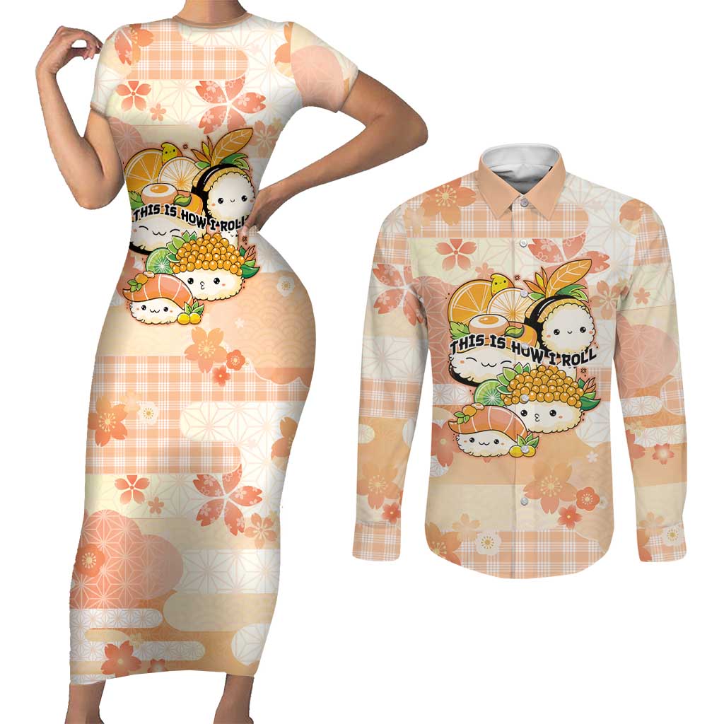 Personalized Japanese Kawaii Sushi Couples Matching Short Sleeve Bodycon Dress and Long Sleeve Button Shirt Peach Wagara Palaka This Is How I Roll LT9 Peach - Polynesian Pride