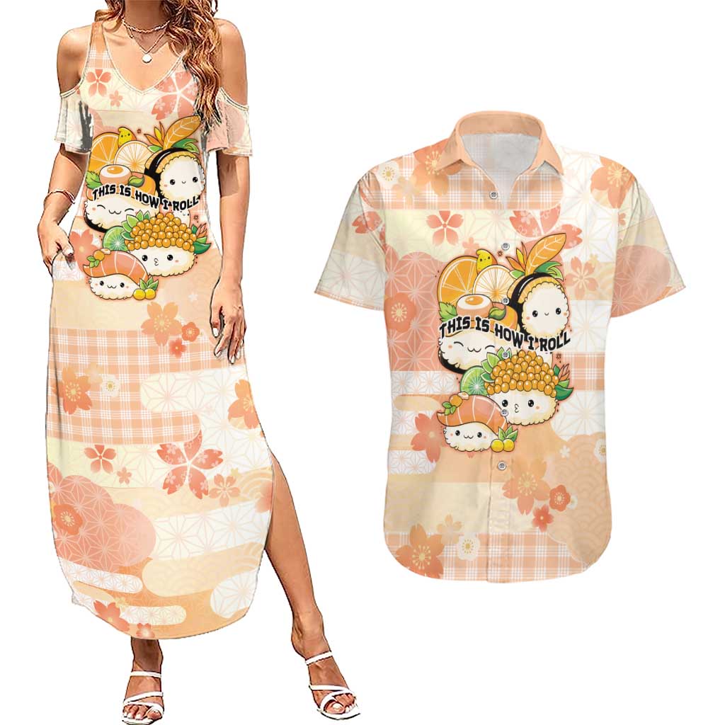 Personalized Japanese Kawaii Sushi Couples Matching Summer Maxi Dress and Hawaiian Shirt Peach Wagara Palaka This Is How I Roll LT9 Peach - Polynesian Pride
