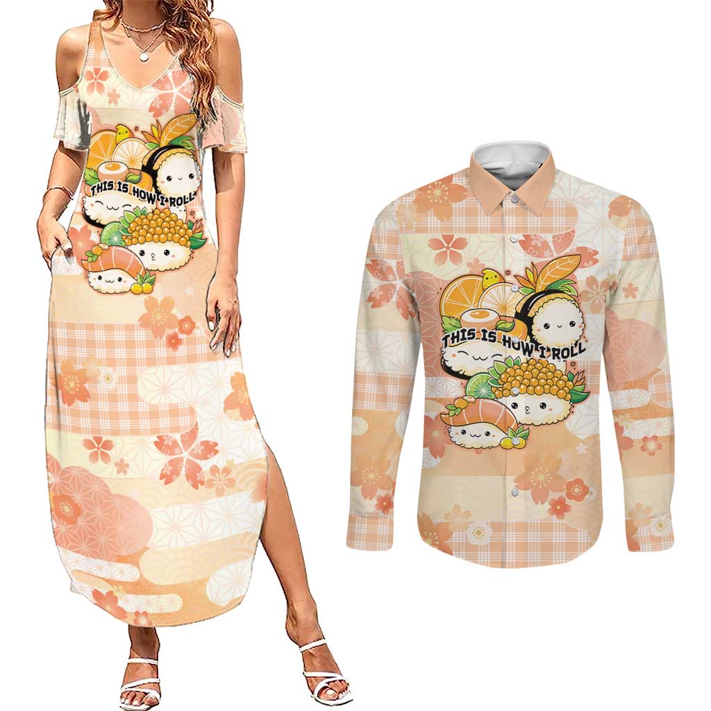 Personalized Japanese Kawaii Sushi Couples Matching Summer Maxi Dress and Long Sleeve Button Shirt Peach Wagara Palaka This Is How I Roll