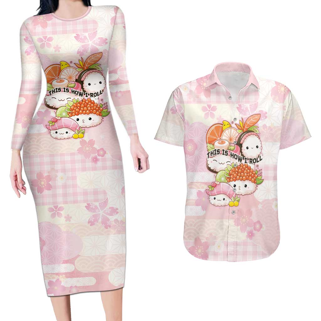 Personalized Japanese Kawaii Sushi Couples Matching Long Sleeve Bodycon Dress and Hawaiian Shirt Pink Wagara Palaka This Is How I Roll