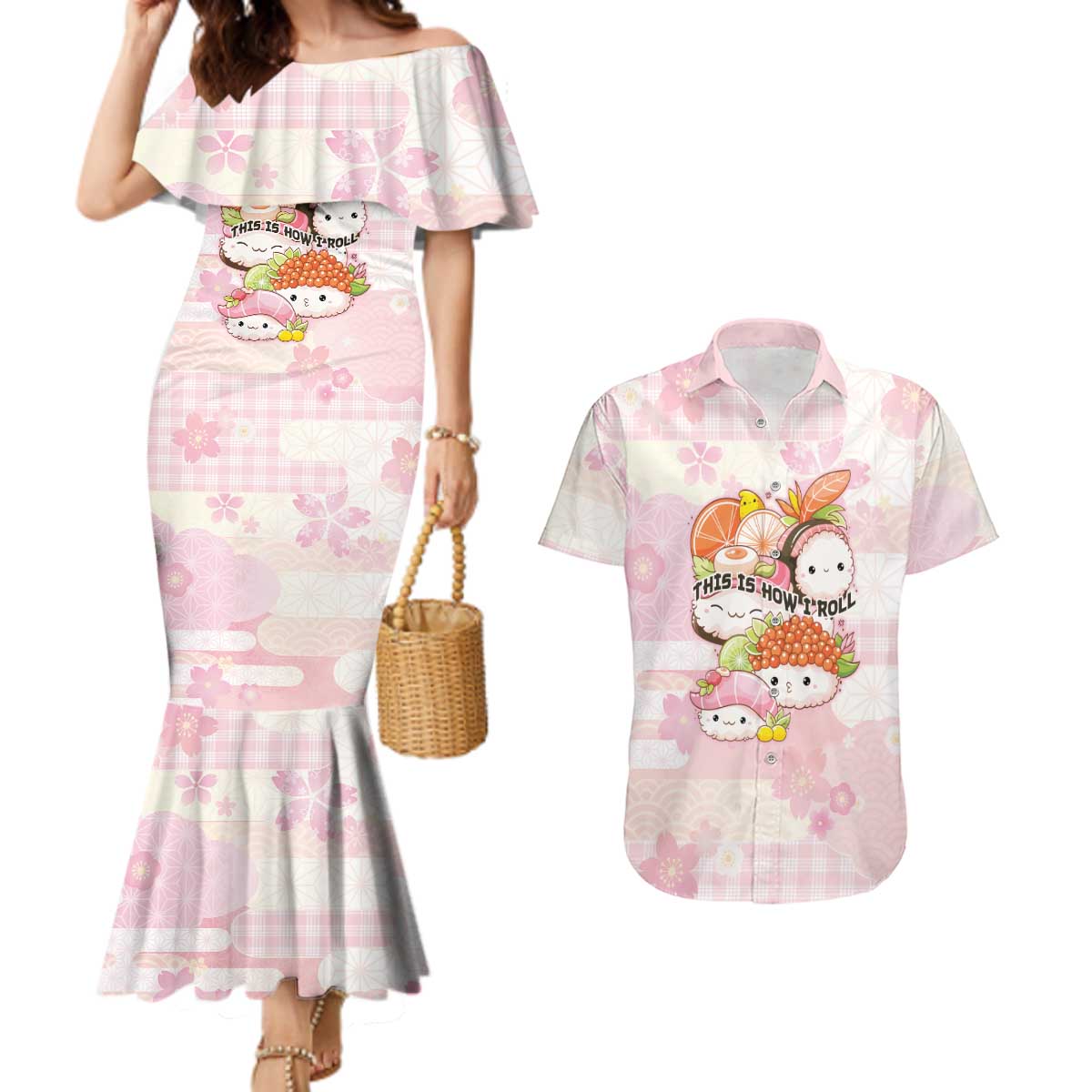 Personalized Japanese Kawaii Sushi Couples Matching Mermaid Dress and Hawaiian Shirt Pink Wagara Palaka This Is How I Roll LT9 Pink - Polynesian Pride
