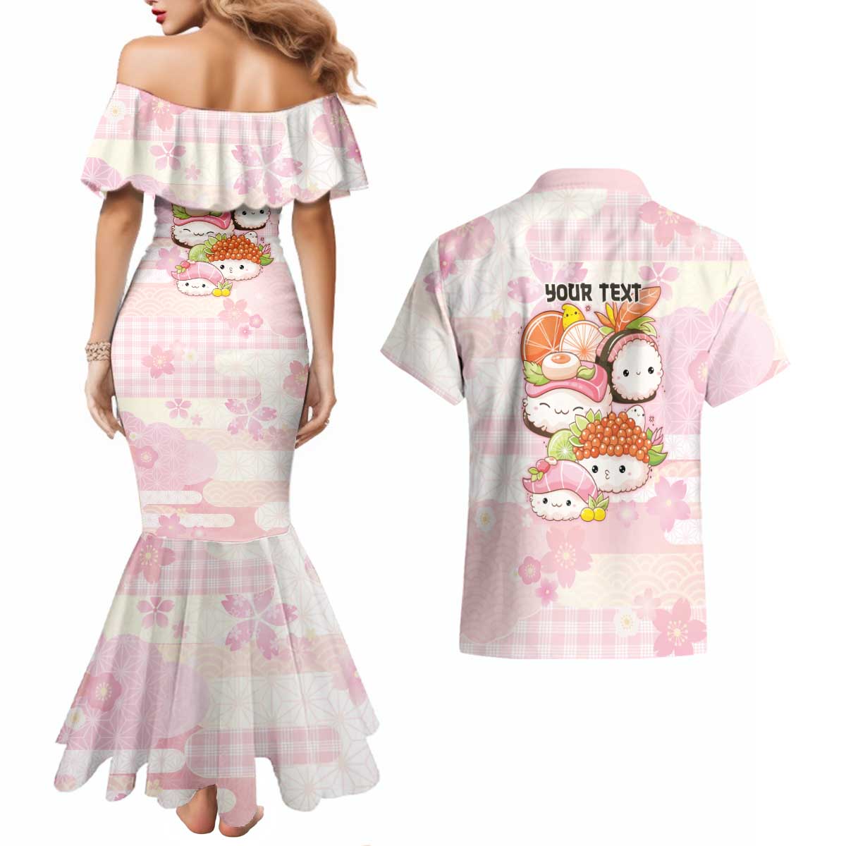Personalized Japanese Kawaii Sushi Couples Matching Mermaid Dress and Hawaiian Shirt Pink Wagara Palaka This Is How I Roll LT9 - Polynesian Pride