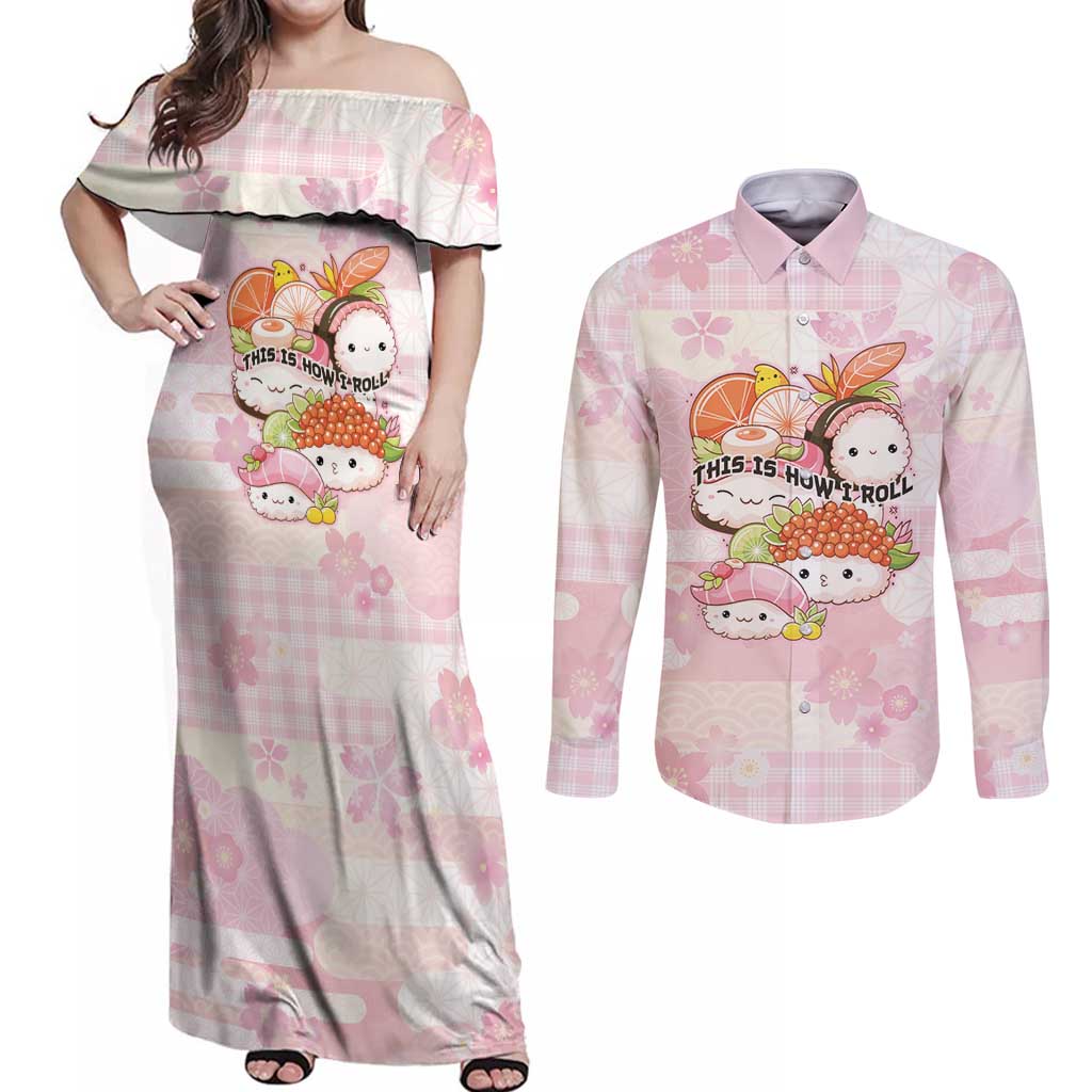 Personalized Japanese Kawaii Sushi Couples Matching Off Shoulder Maxi Dress and Long Sleeve Button Shirt Pink Wagara Palaka This Is How I Roll