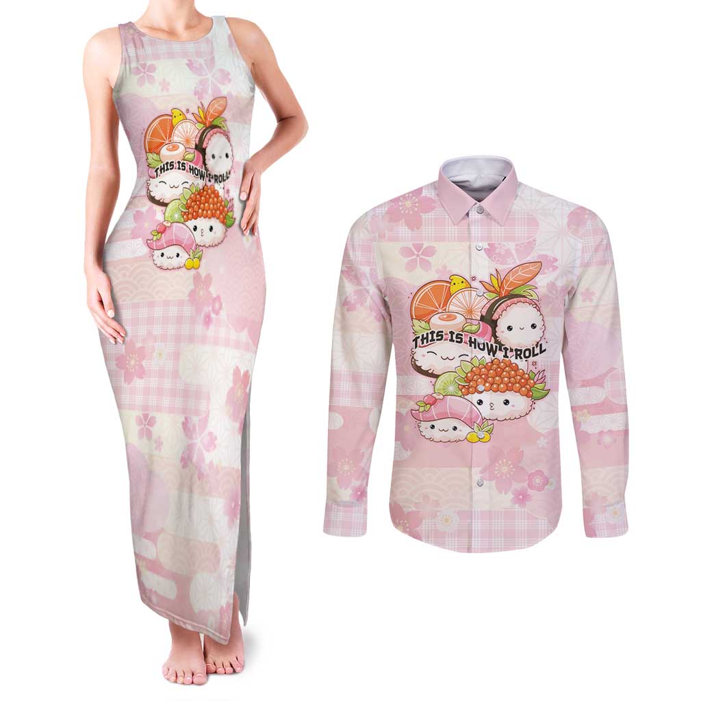 Personalized Japanese Kawaii Sushi Couples Matching Tank Maxi Dress and Long Sleeve Button Shirt Pink Wagara Palaka This Is How I Roll