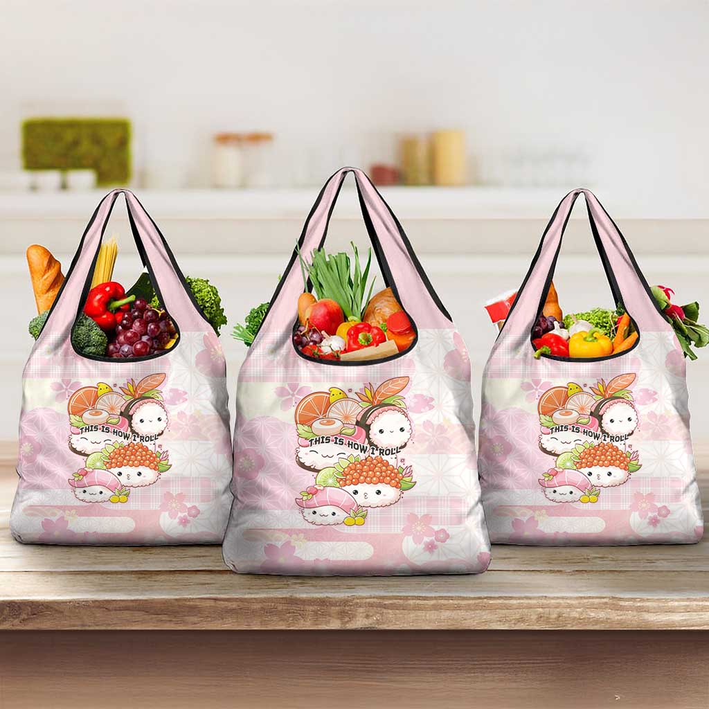 Japanese Kawaii Sushi Grocery Bag Pink Wagara Palaka This Is How I Roll LT9 3-pack One Size Pink - Polynesian Pride
