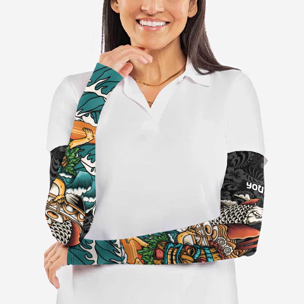 Personalized Japanese Koi Fish Ramen Arm Sleeves Tiki Surfing Wagara Hibiscus Pattern