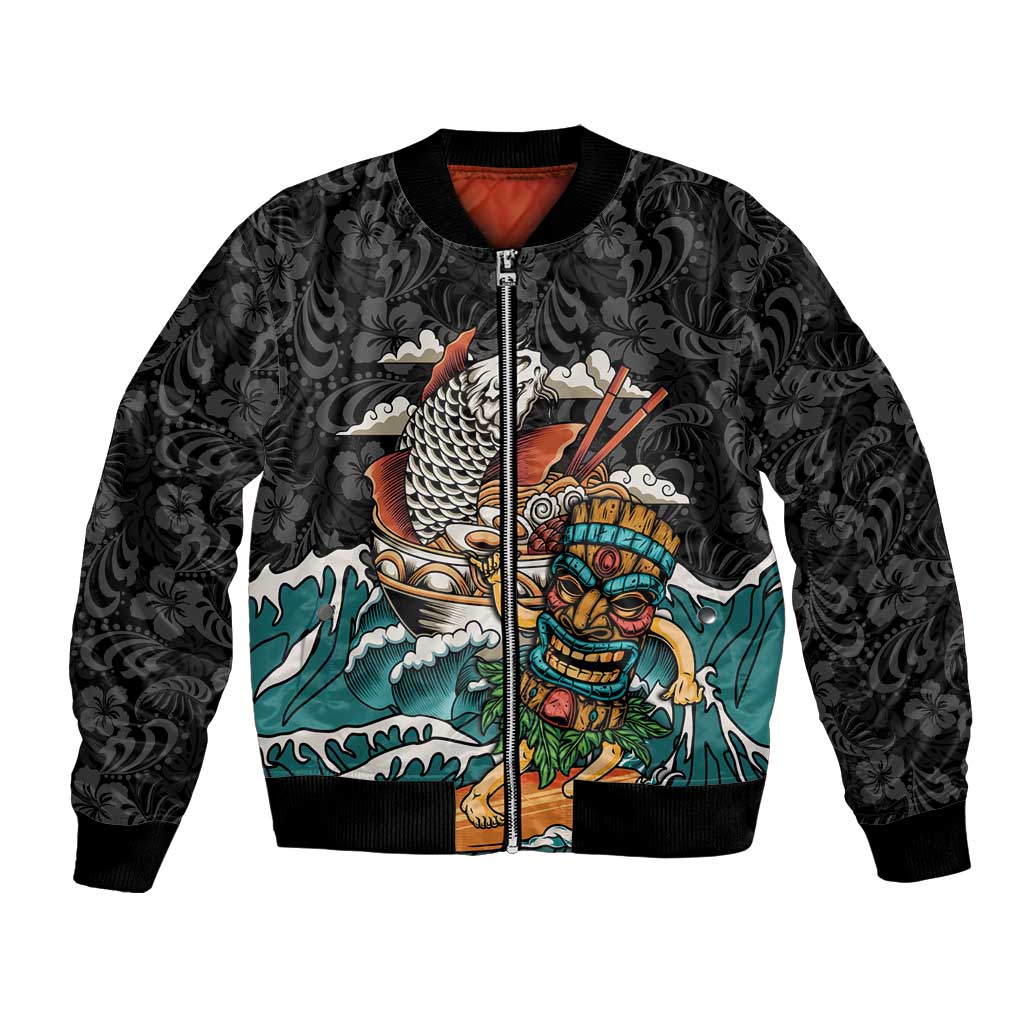 Personalized Japanese Koi Fish Ramen Bomber Jacket Tiki Surfing Wagara Hibiscus Pattern