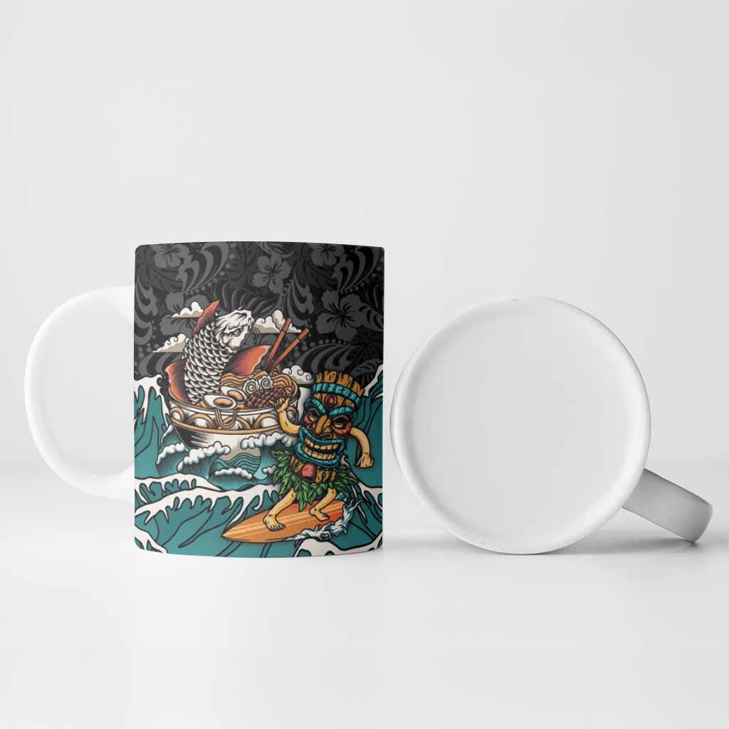 Personalized Japanese Koi Fish Ramen Ceramic Mug Tiki Surfing Wagara Hibiscus Pattern