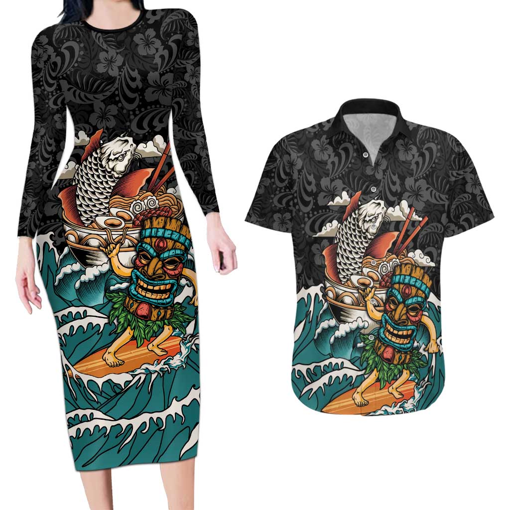 Personalized Japanese Koi Fish Ramen Couples Matching Long Sleeve Bodycon Dress and Hawaiian Shirt Tiki Surfing Wagara Hibiscus Pattern LT9 Black - Polynesian Pride