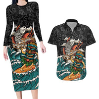 Personalized Japanese Koi Fish Ramen Couples Matching Long Sleeve Bodycon Dress and Hawaiian Shirt Tiki Surfing Wagara Hibiscus Pattern LT9 Black - Polynesian Pride