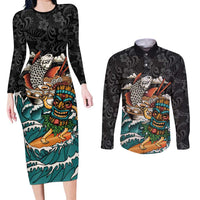 Personalized Japanese Koi Fish Ramen Couples Matching Long Sleeve Bodycon Dress and Long Sleeve Button Shirt Tiki Surfing Wagara Hibiscus Pattern