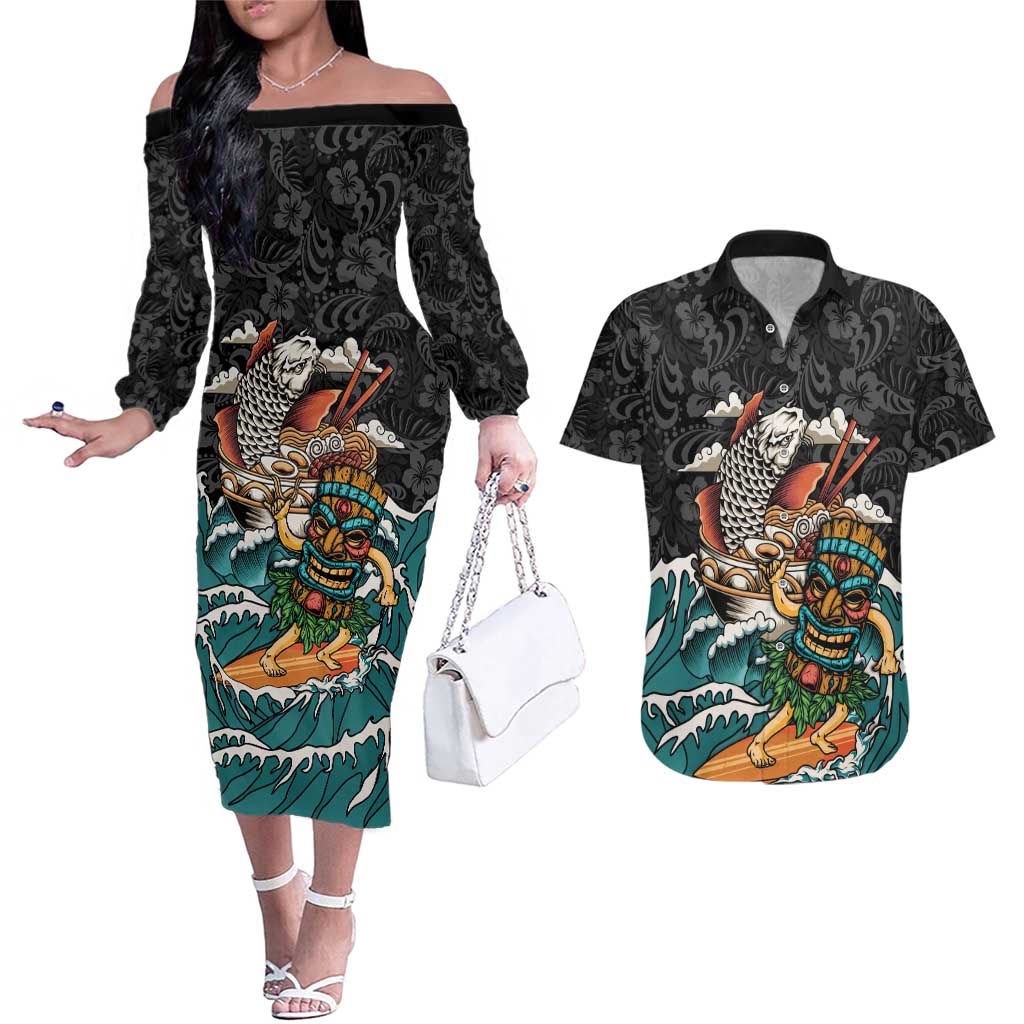 Personalized Japanese Koi Fish Ramen Couples Matching Off The Shoulder Long Sleeve Dress and Hawaiian Shirt Tiki Surfing Wagara Hibiscus Pattern LT9 Black - Polynesian Pride
